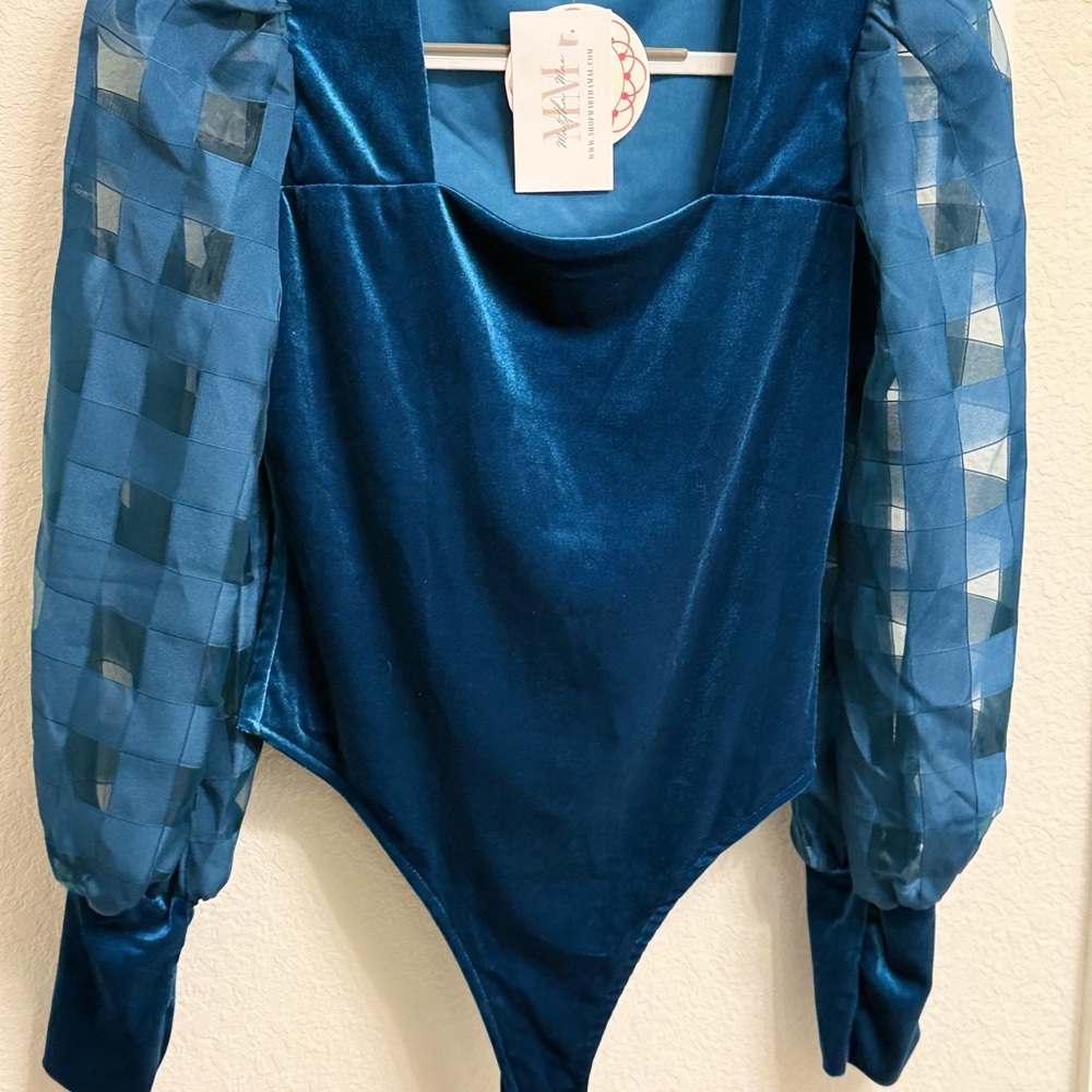 Umgee Teal Velvet Top with Sheer Checkered Sleeves